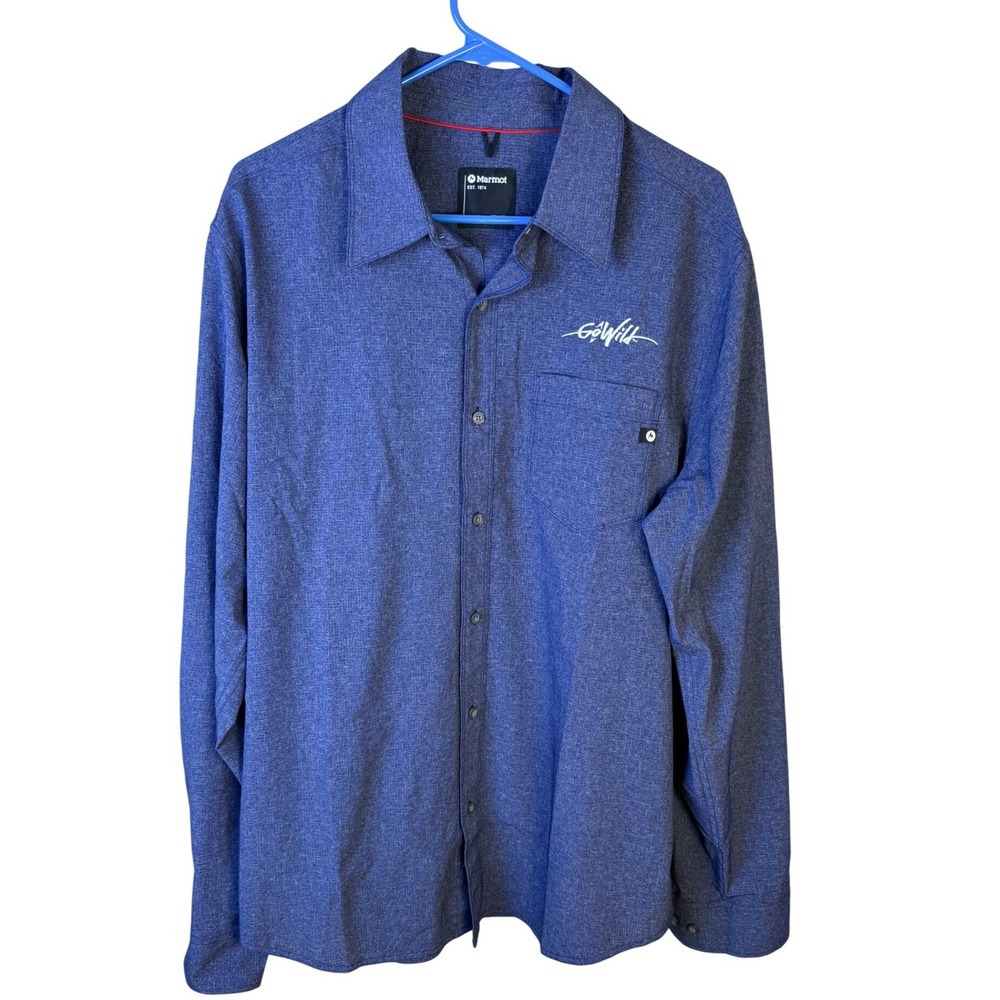 Marmot Mens XL Blue GoWild Performance Button Down Long Sleeve Hiking Shirt